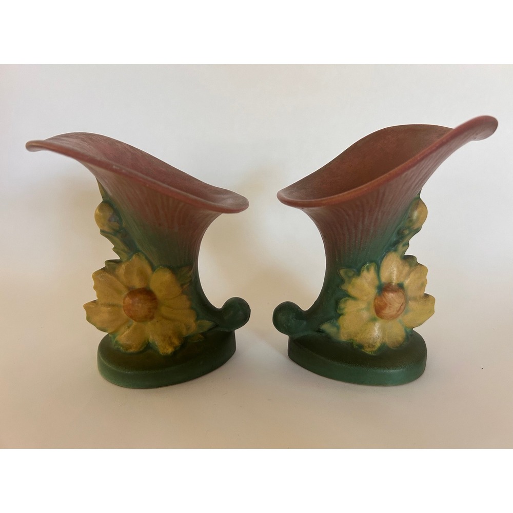2 ROSEVILLE Pottery Peony Cornucopia Horn of Plenty USA Vintage Art Deco